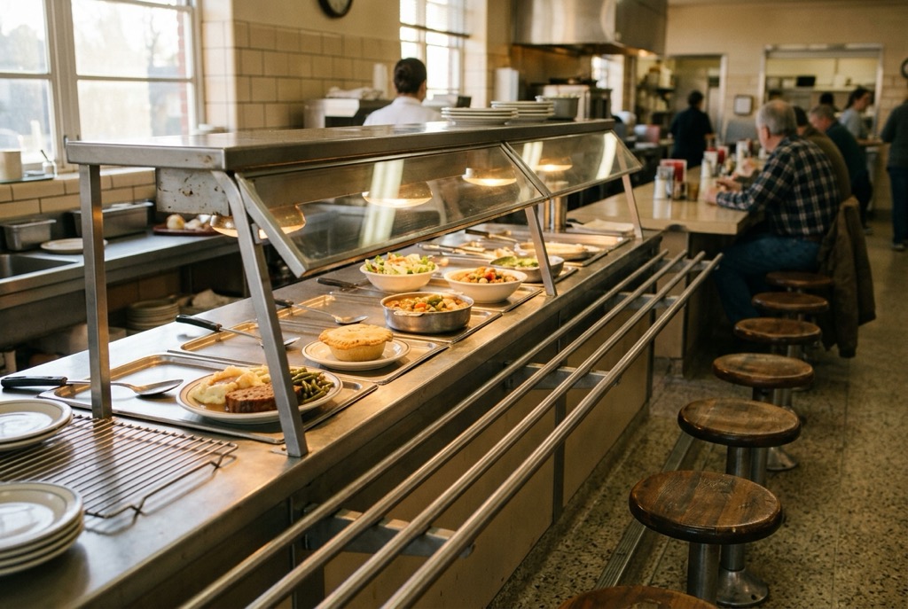 A vintage neighborhood lunch counter and serving line