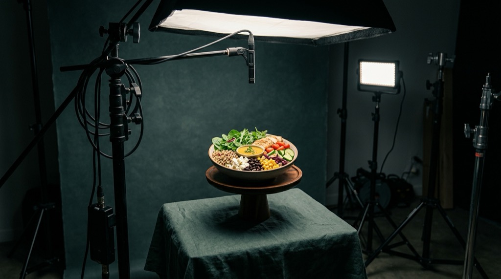 An emerging cafeteria brand captured in a bright product-film studio